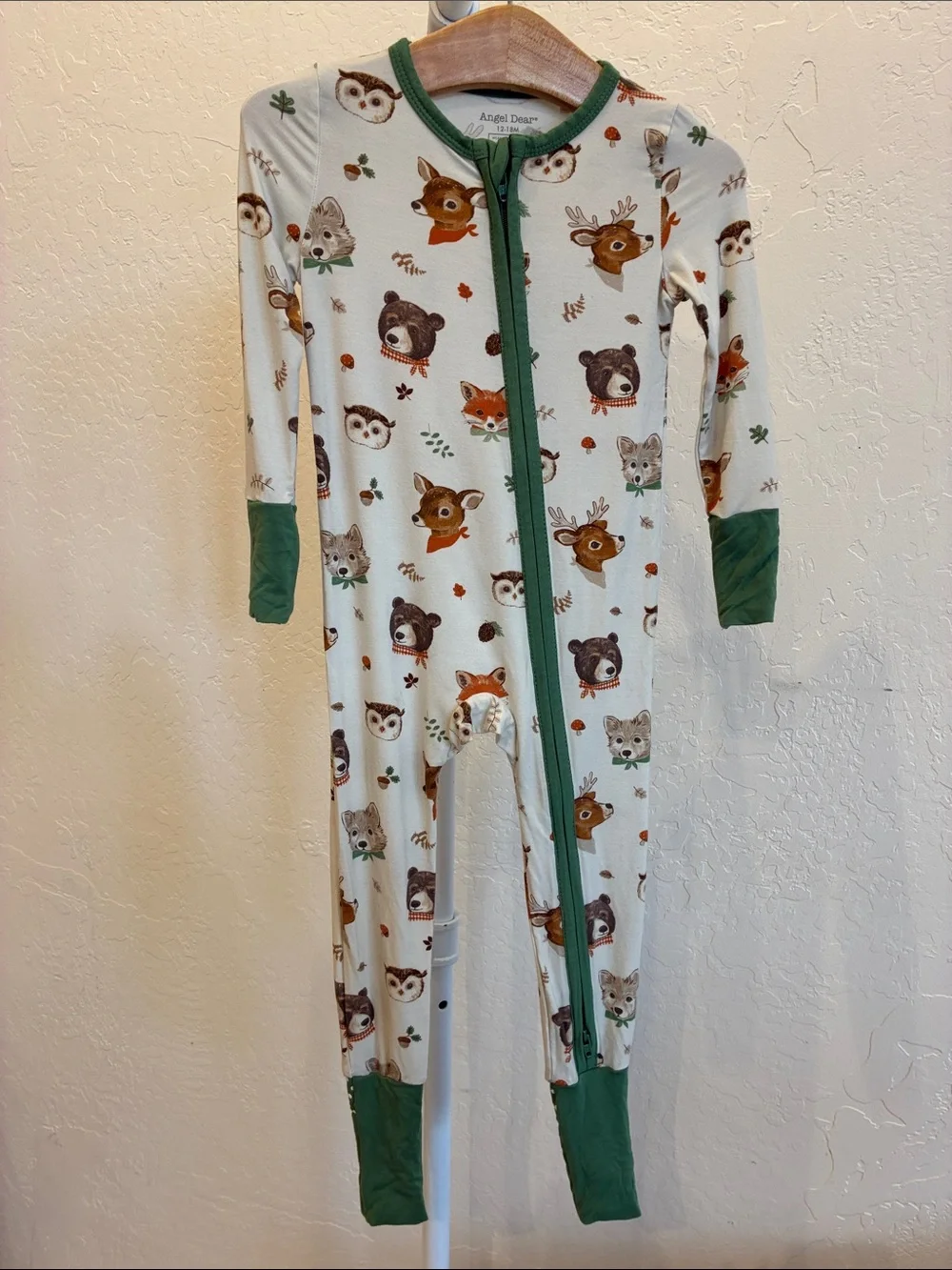 Angel Dear Cream Woodland Animal Zip One-Piece Pajamas with Green Trim